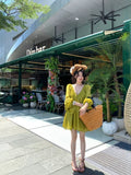 Holiday Style Strapped Back V Collar Long-Sleeved Dress Women Summer French Loose Green Skirt Casual A Short Skirt