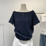 2026 Spring And Summer Relaxed Leisure Light And Comfortable A Word Shoulder Oblique Shoulder Two Wearing Short-Sleeved T-Shirt Zhang Jingyi The Same Top