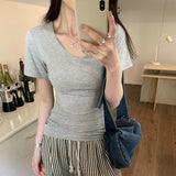 Simple V-Neck Slime Short-Sleeved T-Shirt For Women 2025 Spring And Summer New Ins Shoulder Black Casual Thin Top