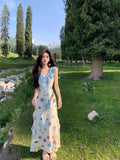 French-Print Lotus-Leaf Dress Girl Summer Temperament Seaside Holiday Hot Girl Unique Beautiful Waist Long Skirt