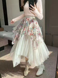 2025 New Design Sweet Floral Cake Skirt Half-Body Dress Women High Waist Thin Irregular Mesh Fairy Dress