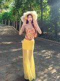 Seaside Holiday Hottie Suit Women Summer Flowers Tsets Wearing Yellow Mesh Half-Body Skirt Two-Piece
