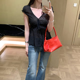 Ultra-Fire Age Reduction Black High-Waist Wave Point V Tie With Short-Sleeved T-Shirt For Women's Summer 2026 New High-End Small-Funded Top