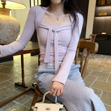 Temperament Square Tie Design Feel White Inside The Bottom Shirt Women's Autumn And Winter 2025 New Long-Sleeved T-Shirt Short Top