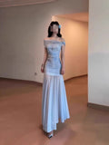 Blue Net Yarn A Word Shoulder Dress Women's Summer Seaside Holiday Pure Temperament To Dress Up With A Long Ass Fishtail