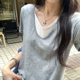 This Year's Popular Pop-Up Loose V-Neck Fake Two Design Lazy Wind Short-Sleeved T-Shirts For Women's Summer New Small Top