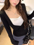 Vintage Black V-Necked Two Long-Sleeved T-Shirt Women In Early Autumn Slimming Inside The Bottom Of The Leisure Blouse Tide