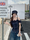 French Retro Wooden Ear In The Word Shoulder T-Shirt Girls Summer Irregularly Repair Waist Short Shoulder Tat