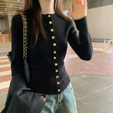 2026 Early Spring Ferrous Black Metal Buckle Round-Neck Long-Sleeved T-Shirt Femininity New Round-Neck Knitted Shirt