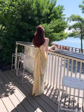 French Fairy Temperament Seaside Holiday Dress Pendant Yellow Dizzling Print V Tie Dress Female Summer