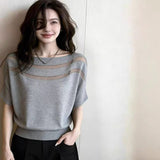 2026 Summer New Design Round Neck Net Yarn Splicing Short-Sleeved T-Shirt Women's Large Size Loose Thin Blouse