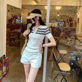 Old Money Style Wearing Shoulder Striped Splicing POLO Shirt Women 2026 Spring New Collar Short Sleeve Knitted Shirt Top