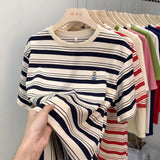 Fashion Classic Striped T-Shirt Women's Short-Sleeved Summer New Embroidered Bear Loose Half-Sleeved Casual Cotton Collar Top