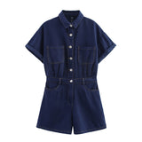 2025 Summer New Women's Wear Collar Short Sleeve Pocket Dress Denim Short Jumpsuit 4979036