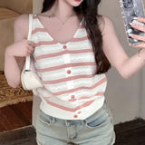 2026 Summer New Fashion V-Neck Hollow Wave Side Bump Color Buckle Sling Sling Ice Silk Knit Vest Woman