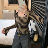 Small Design Lace Side Hanging Neck Striped Long-Sleeved T-Shirt Woman 2025 New High-End Non-Framming Shirt Top