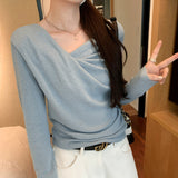 2026 Early Spring Han Collar Twisting Folded Collar V Collar Long-Sleeved Knitted Shirt Women Early Autumn Design Sense Top