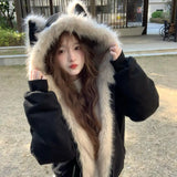 Black Cat Ear Collar Cotton Coat Thick Coat Women 2025 New Furry Retro Landscaped Cotton Coat
