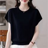 2026 Round Collar Summer New Large Size Women's Loose Knitted Shirt Short-Sleeved Fat Mm Thin Top