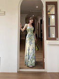 Monet Garden Wind Green Sling Dress Female Summer Temperament Lotus Leaf Side Holiday Dress Seaside Beach Dress
