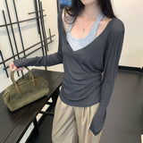 Korean Beauty Holiday Two Long-Sleeved V-Neck Hanging Neck T-Shirt Women 2026 Spring New Waist Thin Inside A Small Top