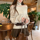 Ma Hua's Word Shoulder-To-Shoulder Knitted Shirt Woman Autumn Commute New Korean Lazy Wind Waist Top