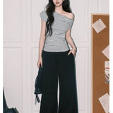 2025 Korean Version Of The Simple Unique Summer Short-Sleeved T-Shirt Women's Design Sense Of Niche Oblique Shoulder Thin Striped French Top