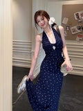 French Blue Broken Flower Hanging Neck Hanging Neck Sling Dress Female Summer 2025 New Thin Temperament Ass Long Skirt