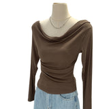 2026 Early Spring Korean Chic Sweet Spicy Shoulder Slanted Shoulder Collar Long-Sleeved T-Shirt Women's Early Autumn Slim Slim Top