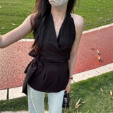 2026 Summer New French Chic V-Neck Hanging Neck Sleeveless Vest Senior Sense Waist Thin-Skinny Back Coated Woman