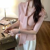 2026 Early Spring Shopping Mall V-Neck Short-Sleeved Knitted Shirt Women's Spring And Summer Temperament Autumn Harvest Waist Thin Short-Sized Belt