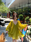 Holiday Style Strapped Back V Collar Long-Sleeved Dress Women Summer French Loose Green Skirt Casual A Short Skirt