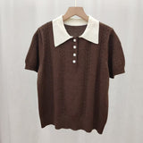 Short-Sleeved Knitting Polo Collar Pink Splicing Shoulder Summer Design Small Soft Knitting Slim Top