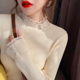 Half-High Collar Bottomed Bottomed Women's Autumn And Winter 2026 New Repair Knitted Tops With Lace-Side Burst Sweater