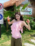 Pink Oblique Shoulder Flower Chiffon Top Female Summer Korean Design Sweet Little Man Multi-Layer Lotus Leaf Side Vest