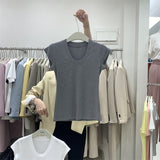 Hot Sales Simple Solid Color T-Shirt Girl Xia Slimming Fashion Big U Collar Short Elastic Bottom Top