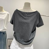 2026 Star With The Same Word Collar Slender Shoulder T-Shirt Girl Summer Lazy Wind High-End Feel Top Woman