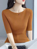 High-Grade Black Shoulder Round-Neck Short-Sleeved Knitted Shirt Women's New 2026 Summer Shoulder Ice Refresher Bottom Top
