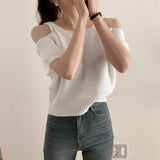 South Korea Dongdaemun 2026 Summer New Sweet Open Shoulder Thin Solid Color Loose Knit Shirt Top