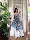 Design Feel Waist Thin Splicing Irregular Skirt Blue Tie Sling Dress Women's Summer