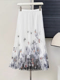 2025 New Printed Mesh Skirt Temperament Slim High Waist Hanging Feeling On Both Sides Wearing A Hundred-Fold Skirt Mid-Length Skirt