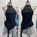 Trend Irregular Hanging Neck Dyeing Net Yarn Vest Lotus Side Ribbon Short Sleeveless Top 9969