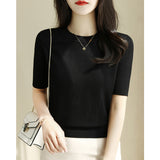 Short-Sleeved Knitted T-Shirt Women 2026 Summer New Solid Half-High Collar Chic High-Grade Ice Silk Black Top Thin