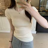 2026 Early Spring Real-Up Round Collar Solid Color Repair Elastic Knitted Short-Sleeved T-Shirt New Thin Top