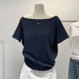2026 Star With The Same Word Collar Slender Shoulder T-Shirt Girl Summer Lazy Wind High-End Feel Top Woman