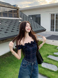 French Retro Wooden Ear In The Word Shoulder T-Shirt Girls Summer Irregularly Repair Waist Short Shoulder Tat
