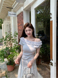 Wood Ear Lace A Word Shoulder Splicing Short-Sleeved T-Shirt Women's Summer Han Design Feel Waist Repair Uniform