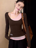 Fake Two Long-Sleeved T-Shirts For Women Wearing Coffee-Colored Bottom Shirts In The Early Spring To Put On A Thin Hottie