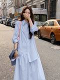 Design-Sensitive Shirt Blue Dress Women Irregular Korean Version Of The French Style Casual Loose Fashion Dress