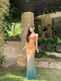 Holiday Holiday Dopamine Beauty Island Holiday Atmosphere Gradually Color Sunset Tie Dye Mesh Sling Skirt